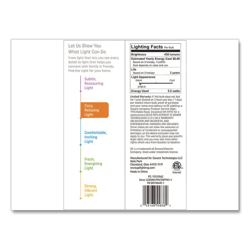 GE Classic LED SW Non-Dim A19 Light Bulb, 5.5 W, Soft White, 4/Pack (GEL93131062) Pack of 4