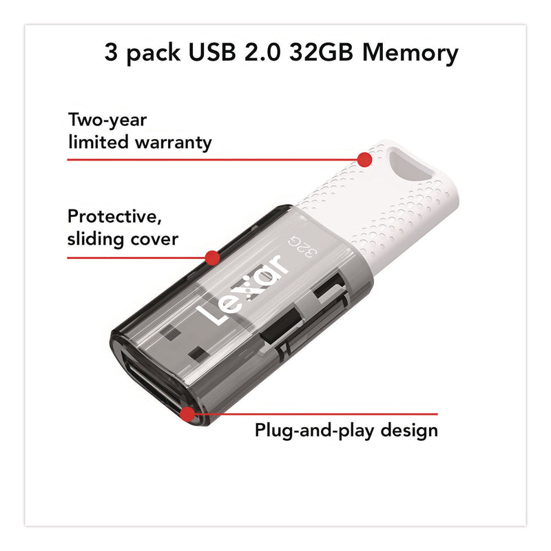 Lexar JumpDrive S60 USB 2.0 Flash Drive, 32 GB, Gray/White, 3/Pack (LXRLJDS6032GB3N) Pack of 3