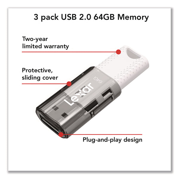 Lexar JumpDrive S60 USB 2.0 Flash Drive, 64 GB, Gray/White, 3/Pack (LXRLJDS6064GB3N) Pack of 3