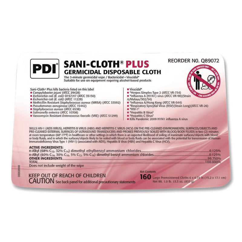 PDI San-Cloth Plus Germicidal Disposable Cloth, 6 x 6.75, Unscented, White, 160/Pack (PDIQ89072PK) Pack of 160