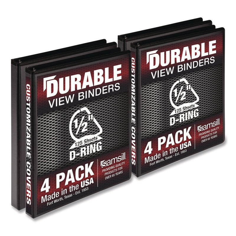 Durable D-Ring View Binders, 3 Rings, 0.5" Capacity, 11.5" x 8.5", Black, 4/Pack (SAMMP46410) Pack of 4