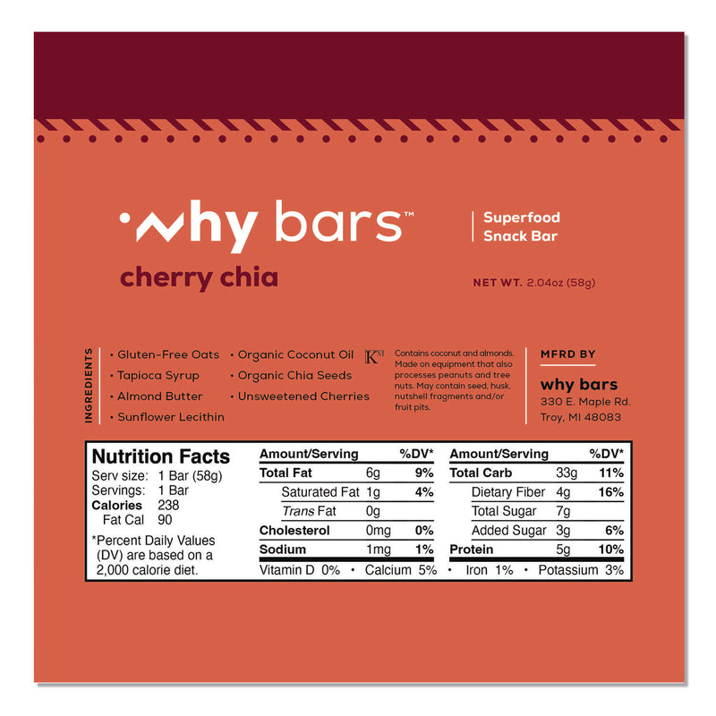 Superfood Snack Bar, Cherry Chia, 2.04 oz Bar, 12/Box (WHYWHY16205) Box of 12