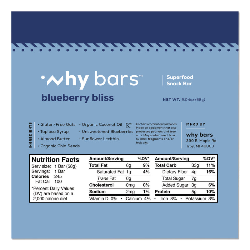 Superfood Snack Bar, Blueberry Bliss, 2.04 oz Bar, 12/Box (WHYWHY16209) Box of 12