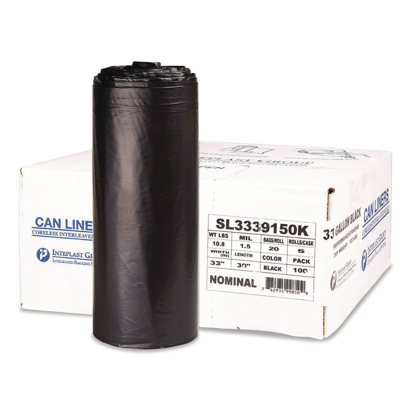 InteplastPitt Low-Density Commercial Can Liners, 33 gal, 1.5 mil, 33" x 39", Black, Interleaved Roll, 20 Bags/Roll, 5 Rolls/Carton (IBSSL3339150K) Case of 5