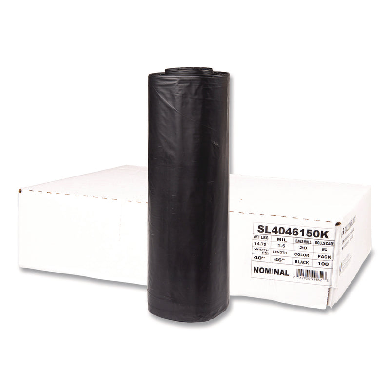 InteplastPitt Institutional Low-Density Can Liners, 45 gal, 1.5 mil, 40" x 46", Black, Interleaved Roll, 20 Bags/Roll, 5 Rolls/Carton (IBSSL4046150K) Case of 5