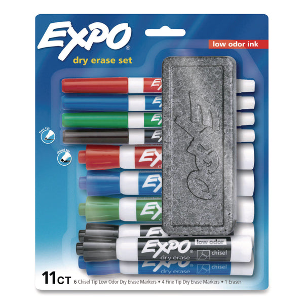 Expo® Low-Odor, Dry Erase 10-Color Marker and Eraser Set, Broad Chisel/Fine Bullet Tips, Assorted Colors, 11 Pieces/Set (SAN2211243) Each