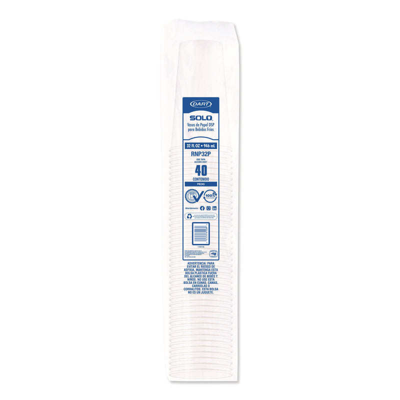 Solo Double Sided Poly (DSP) Paper Cold Cups, 28 oz to 32 oz, White, 40 Cups/Sleeve, 12 Sleeves/Carton (SCCRNP32P2050) Case of 480