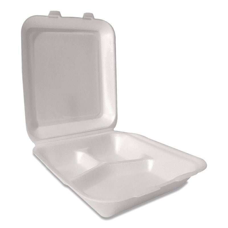 Foam Hinged Lid Containers, 3-Compartment, 7.56 x 8.25 x 2.38, White, Foam, 200/Carton (PST12109) Case of 200