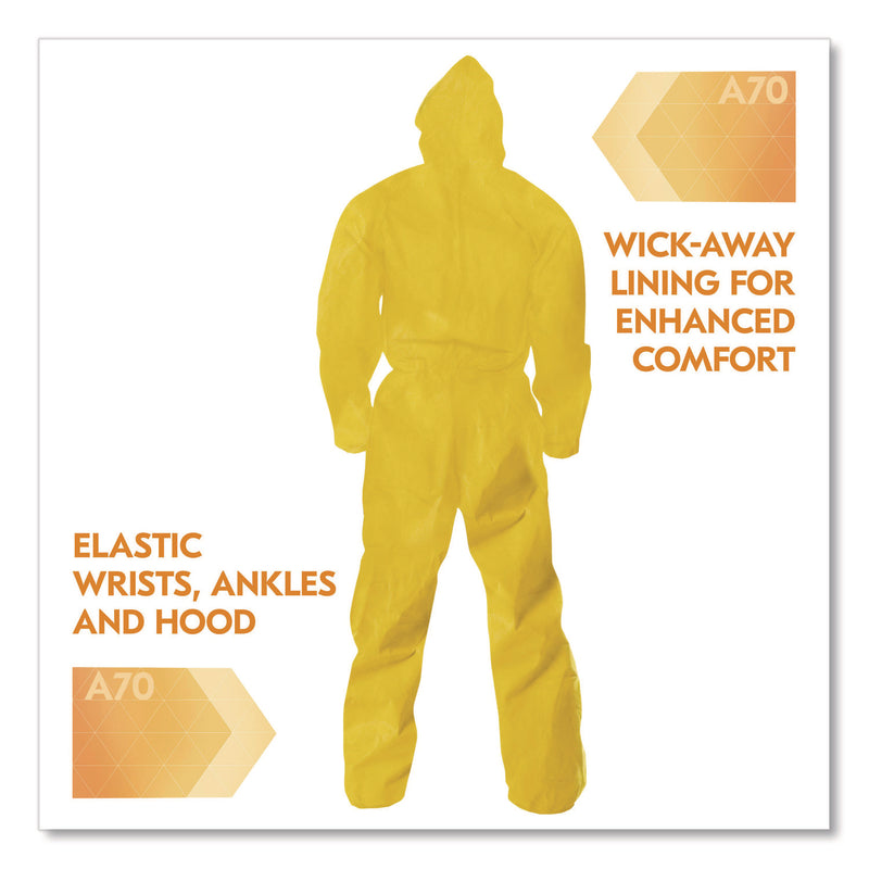 KleenGuard™ A70 Chemical Spray Protection Coveralls, Elastic Wrists, Ankles, Hood, XL, Yellow, 12/Carton (KCC09814) Case of 12