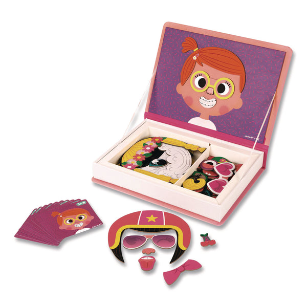 Janod® Magneti'books, Girl's Crazy Faces, 65 Pieces (10 Cards, 55 Magnetic Shapes), Ages 3 to 8 (JUYJ02717) Each