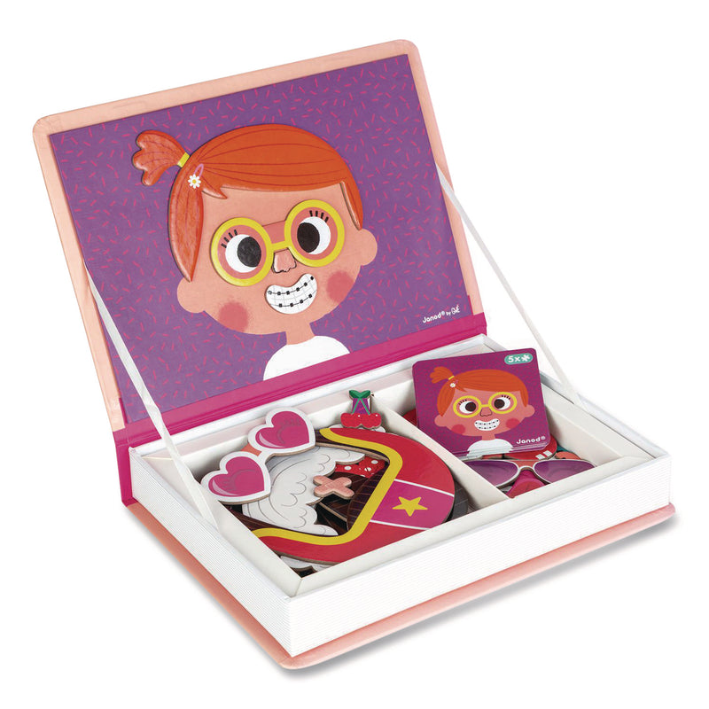 Janod® Magneti'books, Girl's Crazy Faces, 65 Pieces (10 Cards, 55 Magnetic Shapes), Ages 3 to 8 (JUYJ02717) Each