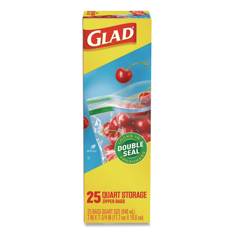 Glad Zipper Food Storage Plastic Bags, Quart Size, 7.75 x 7, Clear, 25 Bags/Box, 12 Boxes/Carton (CLO55052) Case of 300