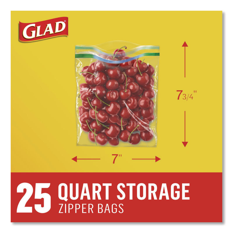 Glad Zipper Food Storage Plastic Bags, Quart Size, 7.75 x 7, Clear, 25 Bags/Box, 12 Boxes/Carton (CLO55052) Case of 300