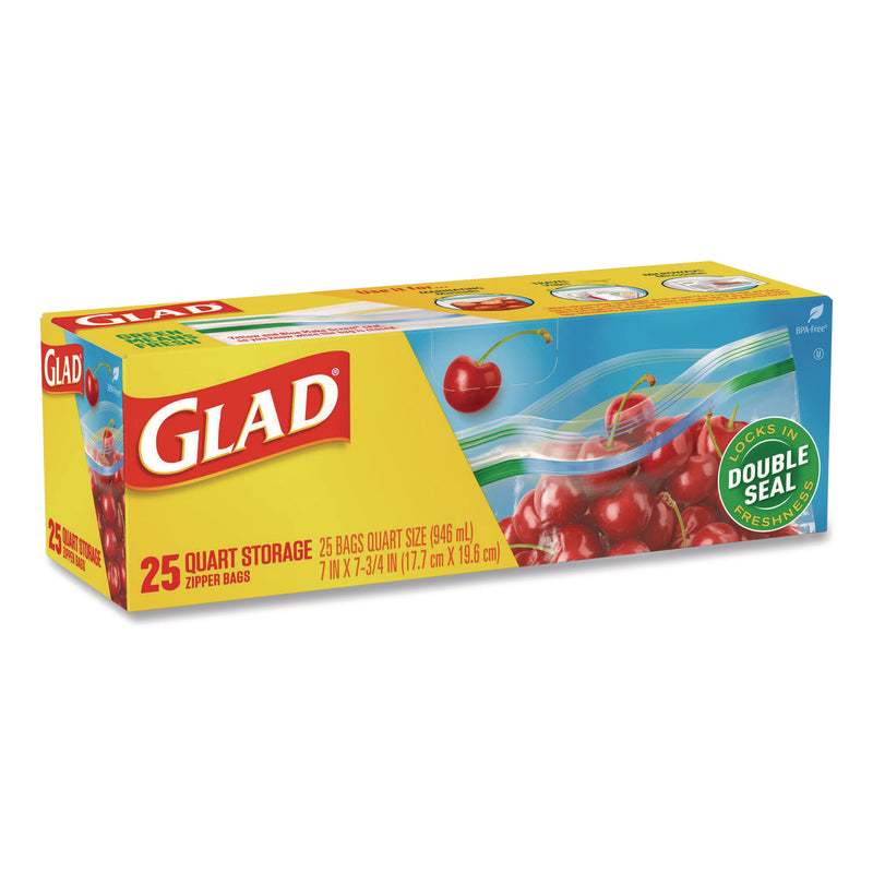 Glad Zipper Food Storage Plastic Bags, Quart Size, 7.75 x 7, Clear, 25 Bags/Box, 12 Boxes/Carton (CLO55052) Case of 300