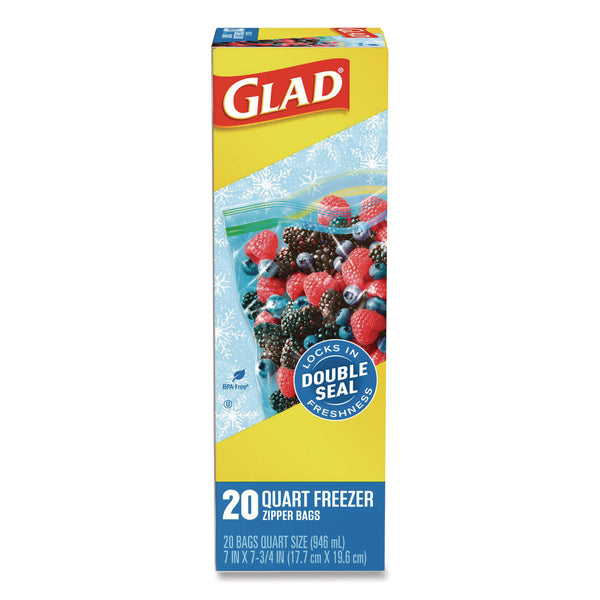 Glad Zipper Food Storage Plastic Bags, Freezer Bags, Quart Size, 7.75 x 8.44, Clear, 20 Bags/Box, 12 Boxes/Carton (CLO57035) Case of 240