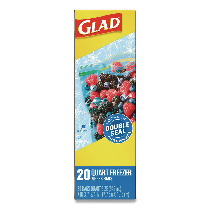 Glad Zipper Food Storage Plastic Bags, Freezer Bags, Quart Size, 7.75 x 8.44, Clear, 20 Bags/Box, 12 Boxes/Carton (CLO57035) Case of 240