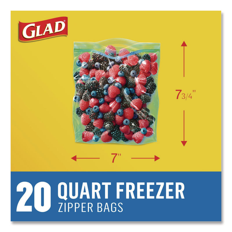 Glad Zipper Food Storage Plastic Bags, Freezer Bags, Quart Size, 7.75 x 8.44, Clear, 20 Bags/Box, 12 Boxes/Carton (CLO57035) Case of 240