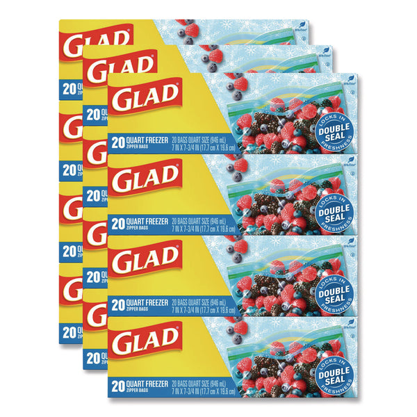 Glad Zipper Food Storage Plastic Bags, Freezer Bags, Quart Size, 7.75 x 8.44, Clear, 20 Bags/Box, 12 Boxes/Carton (CLO57035) Case of 240