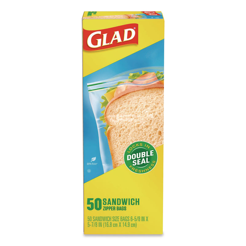 Glad Zipper Food Storage Plastic Sandwich Bags, 6.63 x 5.88, Clear, 50 Bags/Box (CLO57263BX) Box of 50