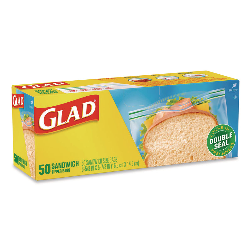 Glad Zipper Food Storage Plastic Sandwich Bags, 6.63 x 5.88, Clear, 50 Bags/Box (CLO57263BX) Box of 50