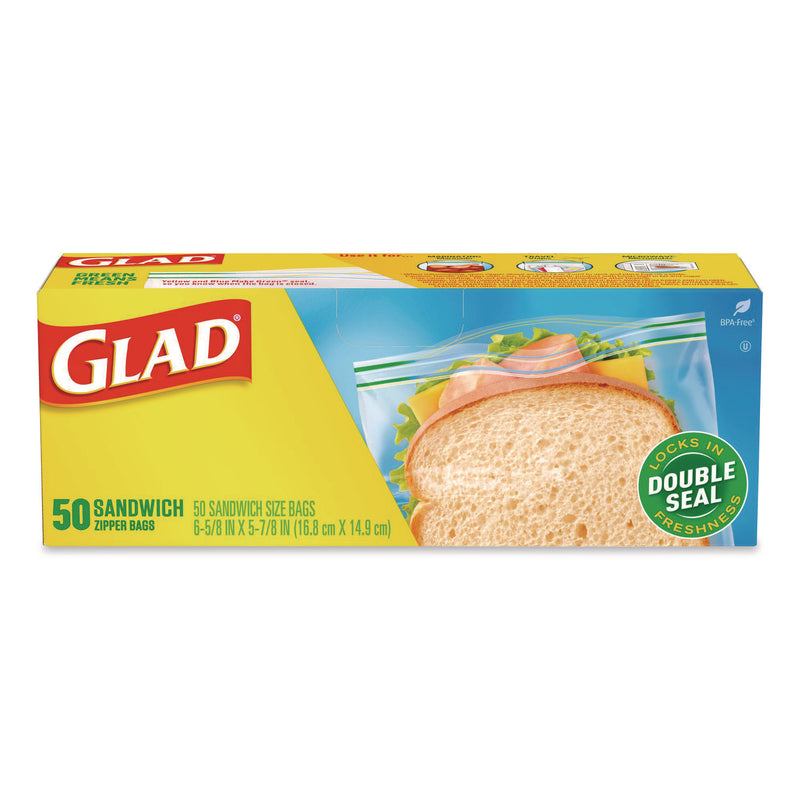 Glad Zipper Food Storage Plastic Sandwich Bags, 6.63 x 5.88, Clear, 50 Bags/Box (CLO57263BX) Box of 50