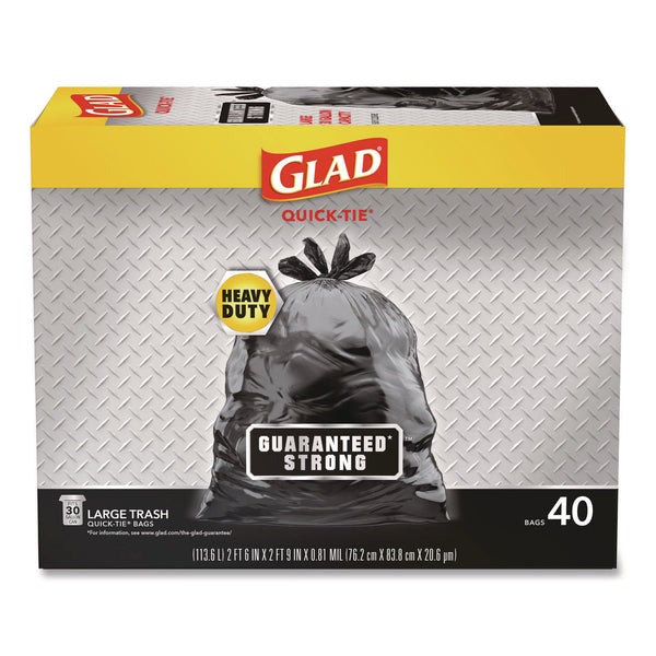 Glad Large Quick-Tie Trash Bags, Extra Strong, 30 gal, 0.81 mil, 30 x 33, Black, 40 Bags/Box, 4 Boxes/Carton (CLO60035) Case of 4