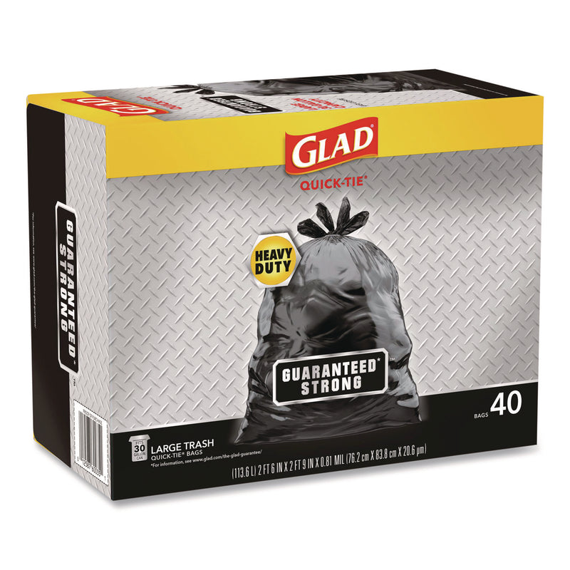 Glad Large Quick-Tie Trash Bags, Extra Strong, 30 gal, 0.81 mil, 30 x 33, Black, 40 Bags/Box, 4 Boxes/Carton (CLO60035) Case of 4