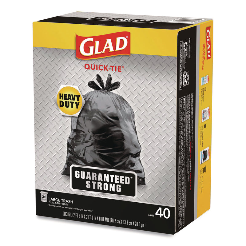 Glad Large Quick-Tie Trash Bags, Extra Strong, 30 gal, 0.81 mil, 30 x 33, Black, 40 Bags/Box, 4 Boxes/Carton (CLO60035) Case of 4