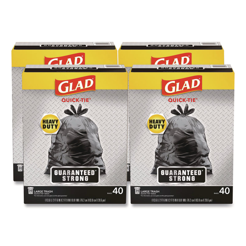 Glad Large Quick-Tie Trash Bags, Extra Strong, 30 gal, 0.81 mil, 30 x 33, Black, 40 Bags/Box, 4 Boxes/Carton (CLO60035) Case of 4