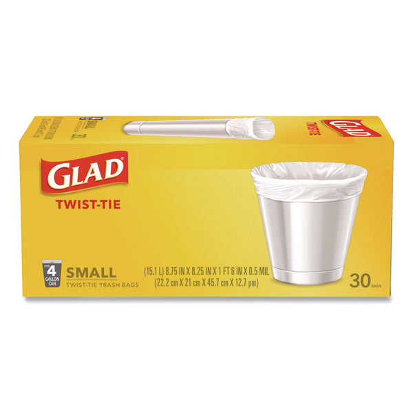 Glad Small Twist-Tie Trash Bags, 4 gal, 0.74 mil, 23 x 21.63, White, 30/Box (CLO78817EA) Each