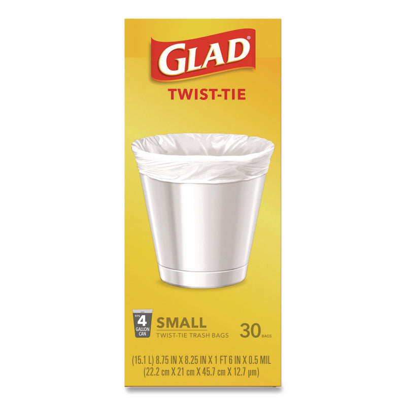 Glad Small Twist-Tie Trash Bags, 4 gal, 0.74 mil, 23 x 21.63, White, 30/Box (CLO78817EA) Each