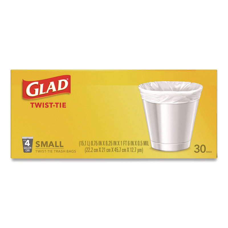 Glad Small Twist-Tie Trash Bags, 4 gal, 0.74 mil, 23 x 21.63, White, 30/Box (CLO78817EA) Each