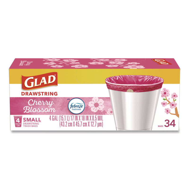 Glad® OdorShield Small Drawstring Trash Bags, 4 gal, Cherry Blossom Scent, 0.5 mil, 18" x 17", Pink, 34/Box (CLO79274) Box of 34