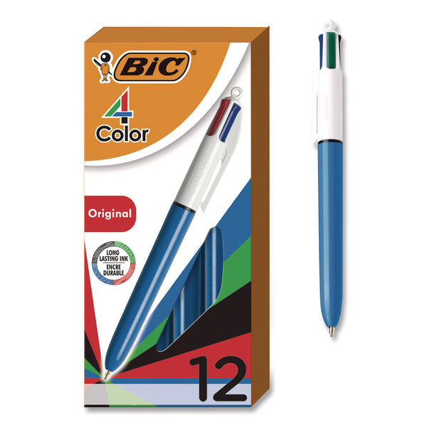 BIC® 4-Color Multi-Color Ballpoint Pen, Retractable, Medium 1 mm, Black/Blue/Green/Red Ink, Blue/White Barrel, 12/Box (BICMM11AST) Box of 12