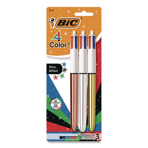 BIC® 4-Color Shine Multi-Color Ballpoint Pen, Retractable, Medium 1mm, Black/Blue/Green/Red Ink, Assorted Metallic Barrels, 3/Pack (BICMMMTP31AST) Pack of 3