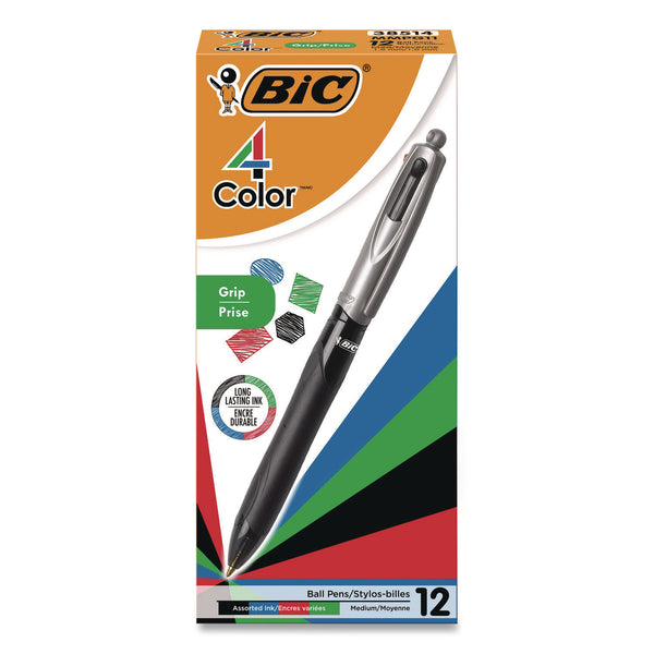BIC® 4-Color Pro Grip Multi-Color Ballpoint Pen, Retractable, Medium 1 mm, Black/Blue/Green/Red Ink, Black/Gray Barrel, Dozen (BICMMPG11AST) 1 Dozen