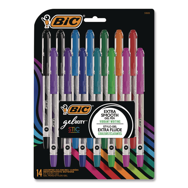 BIC® Gel-ocity STIC Gel Pen, Stick, Medium 0.7 mm, Randomly Selected Ink and Barrel Color Assortment, 14/Pack (BICRGSMP14AST) Pack of 14