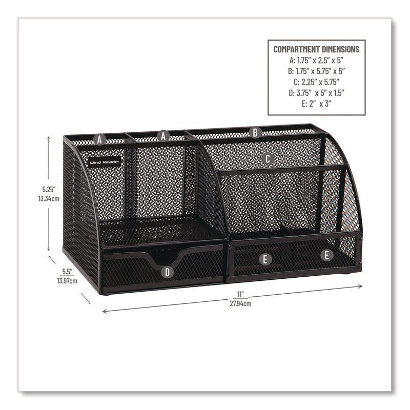 Mind Reader 7-Compartment Metal Desk Organizer, 11 x 5.5 x 5, Black Metal Mesh (EMSJOEORGBLK) Each