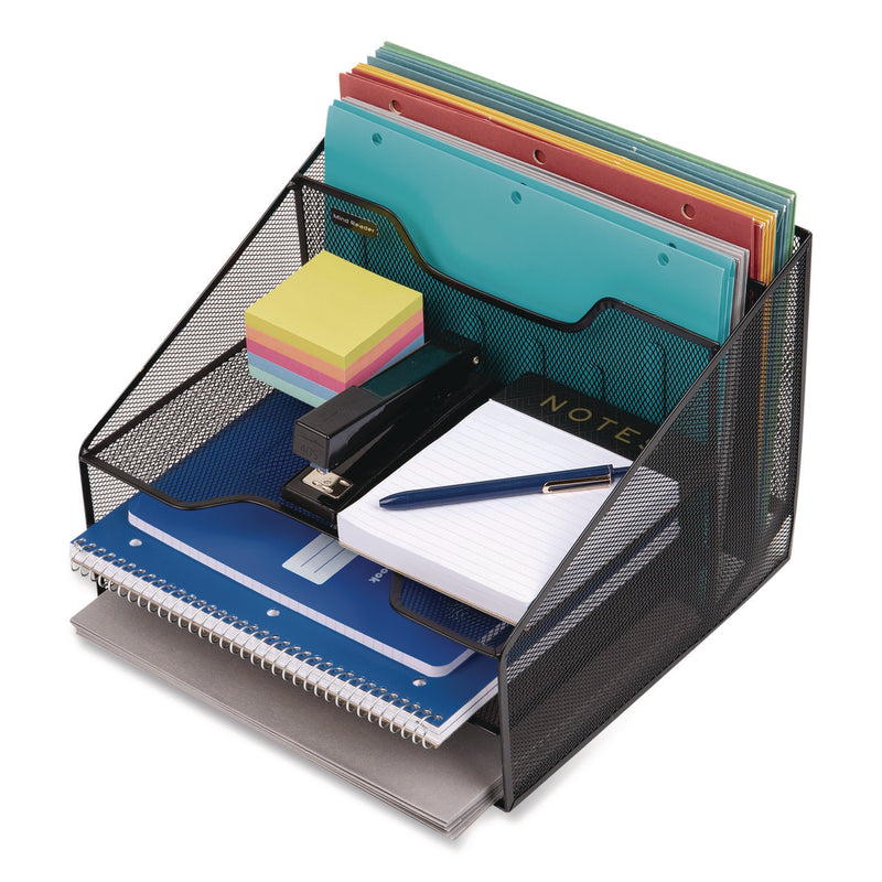 Mind Reader Metal Mesh Vertical File Holder Paper Tray Desktop Organizer, 2-Tier/5-Compartment, Letter Size, 11.25 x 12.5 x 9.5, Black (EMSMESHBOX5BLK) Each