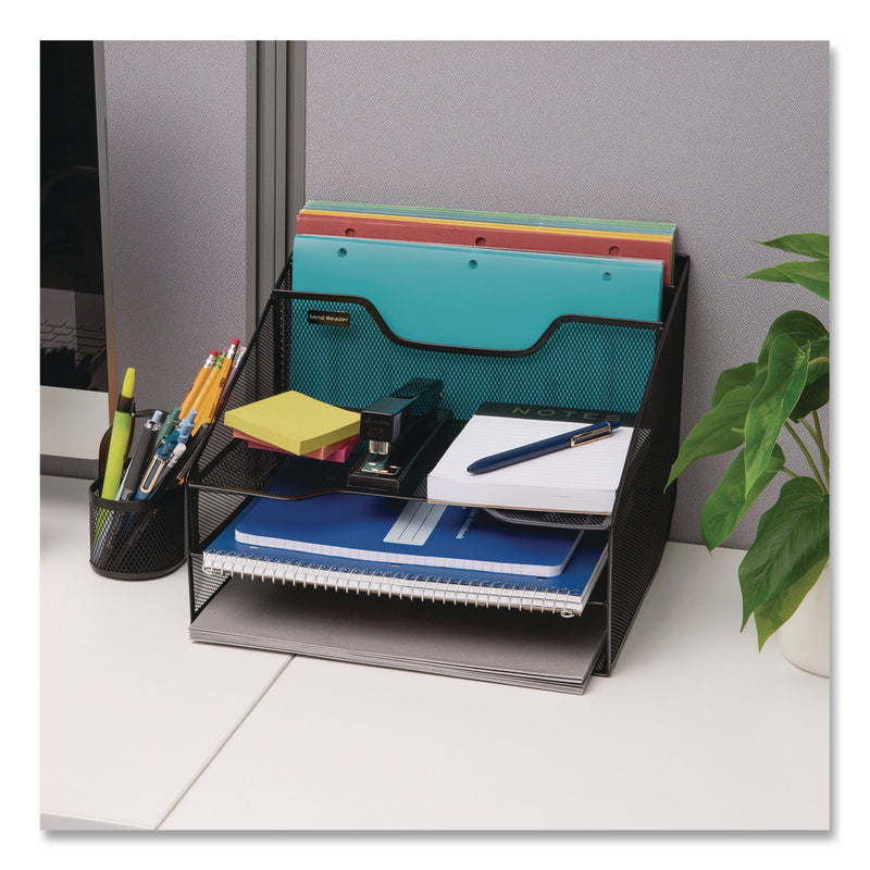 Mind Reader Metal Mesh Vertical File Holder Paper Tray Desktop Organizer, 2-Tier/5-Compartment, Letter Size, 11.25 x 12.5 x 9.5, Black (EMSMESHBOX5BLK) Each