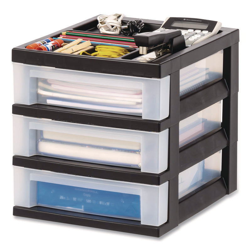 IRIS 3-Drawer Desktop Storage with Top Organizer Tray, Plastic, 12.17 x 14.33 x 12.93, Black/Translucent (IRS116351) Each