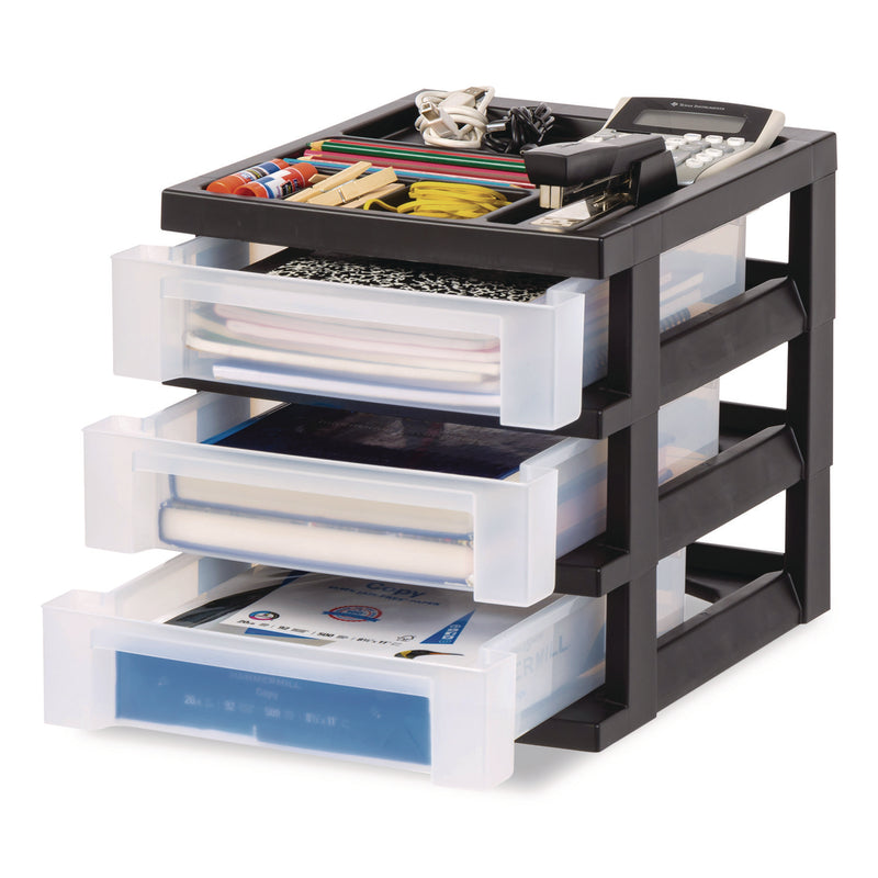 IRIS 3-Drawer Desktop Storage with Top Organizer Tray, Plastic, 12.17 x 14.33 x 12.93, Black/Translucent (IRS116351) Each