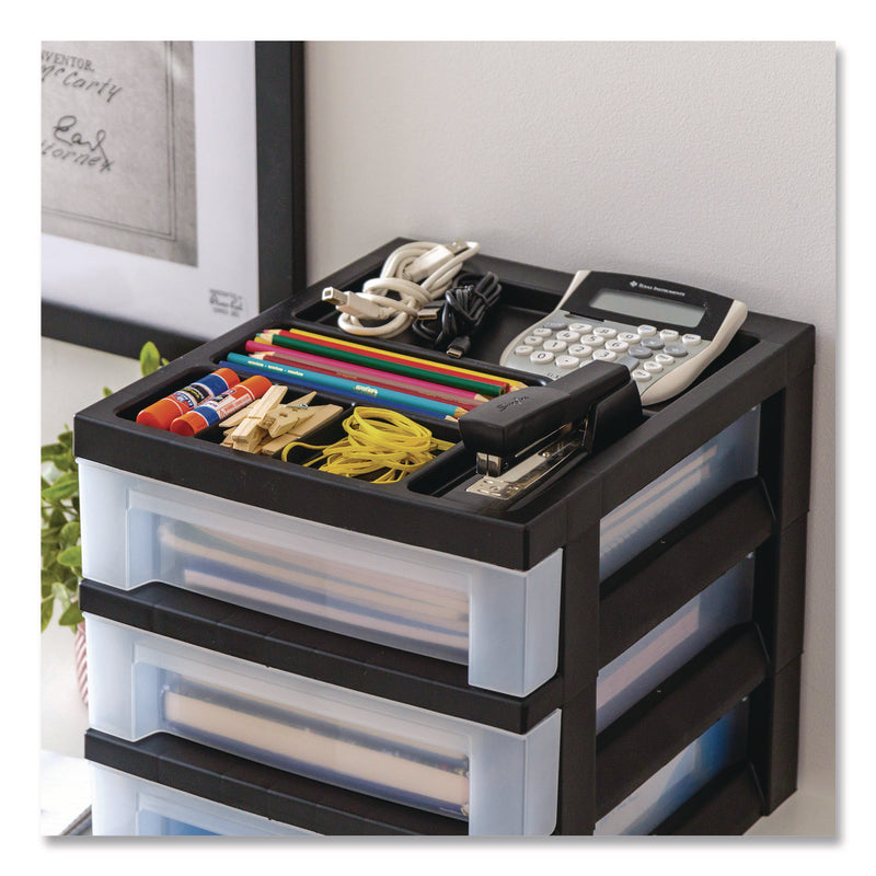 IRIS 3-Drawer Desktop Storage with Top Organizer Tray, Plastic, 12.17 x 14.33 x 12.93, Black/Translucent (IRS116351) Each