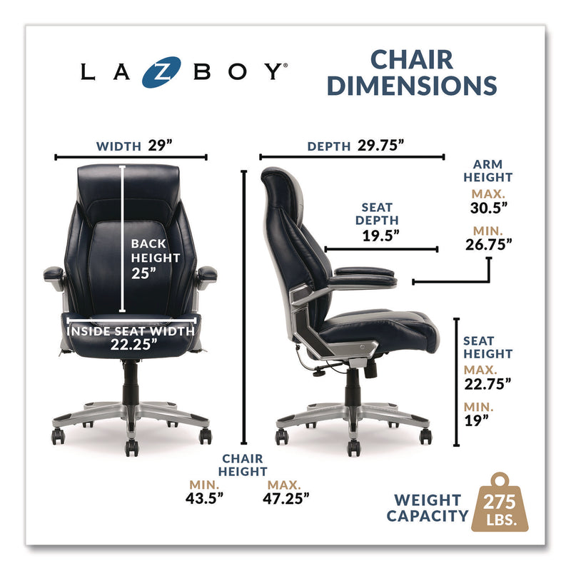La-Z-Boy® Meyer Bonded Leather Executive Chair, Supports Up to 275 lb, 19" x 22.75", Navy Seat, Navy/Back, Silver Base (LZB60082NVYCC) Each