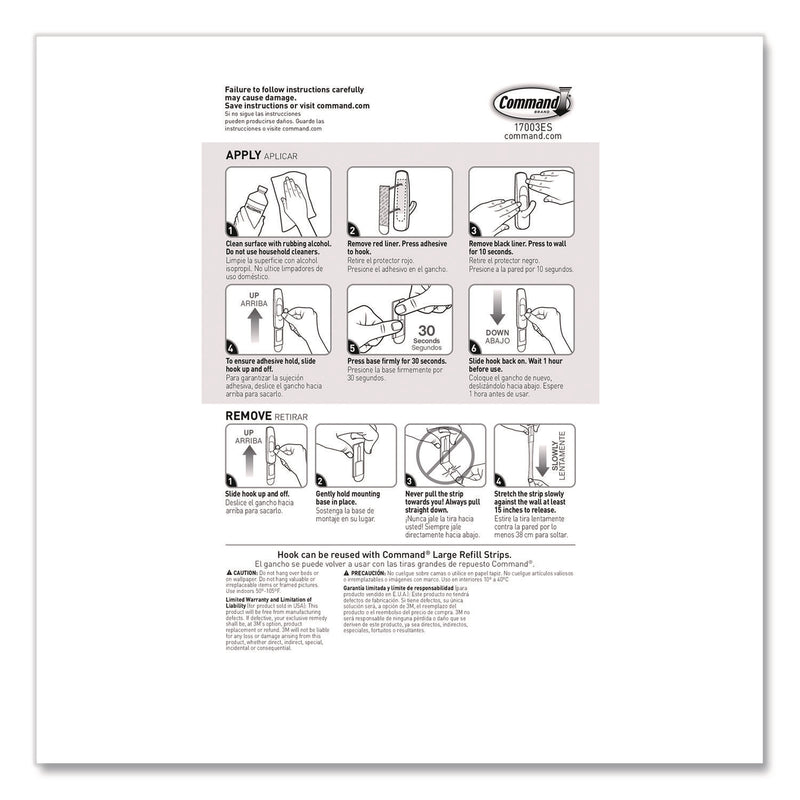 Command® General Purpose Hooks, Large, Plastic, White, 5 lb Capacity, 12 Hooks and 18 Strips/Pack (MMM17003CLUB) Pack of 12