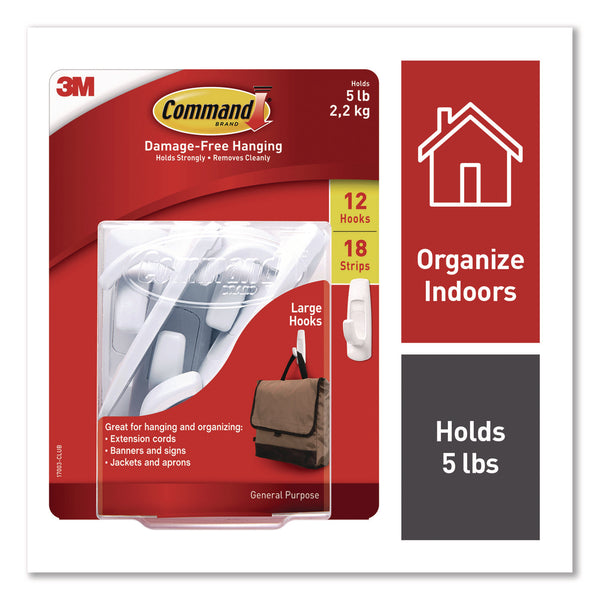 Command® General Purpose Hooks, Large, Plastic, White, 5 lb Capacity, 12 Hooks and 18 Strips/Pack (MMM17003CLUB) Pack of 12