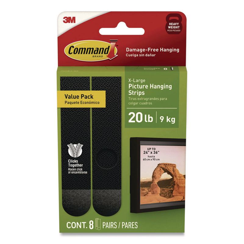 Command® Picture Hanging Strips, X-Large, Removable, Holds up to 20 lbs per 4 Strips, Black, 8 Pairs/Pack (MMM17217BLK8ES) Pack of 8