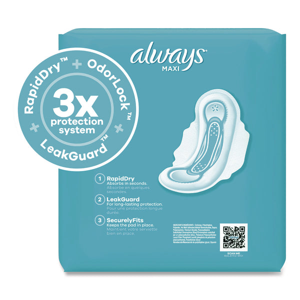 Always® Maxi Long Super Daytime Pad with Wings, Size 2, Super Absorbency, 18/Pack, 8 Packs/Carton (PGC03368) Case of 8