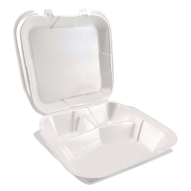 Foam Hinged Lid Containers, 3-Compartment, 9 x 10 x 3, White, Foam, 200/Carton (PST12083) Case of 200