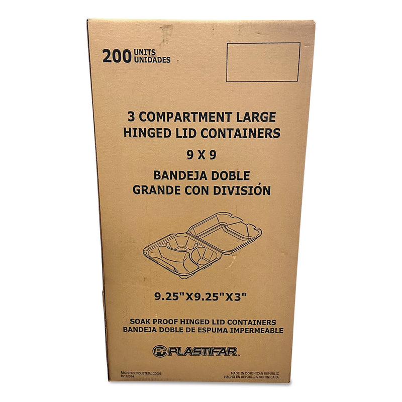 Foam Hinged Lid Containers, 3-Compartment, 9 x 10 x 3, White, Foam, 200/Carton (PST12083) Case of 200